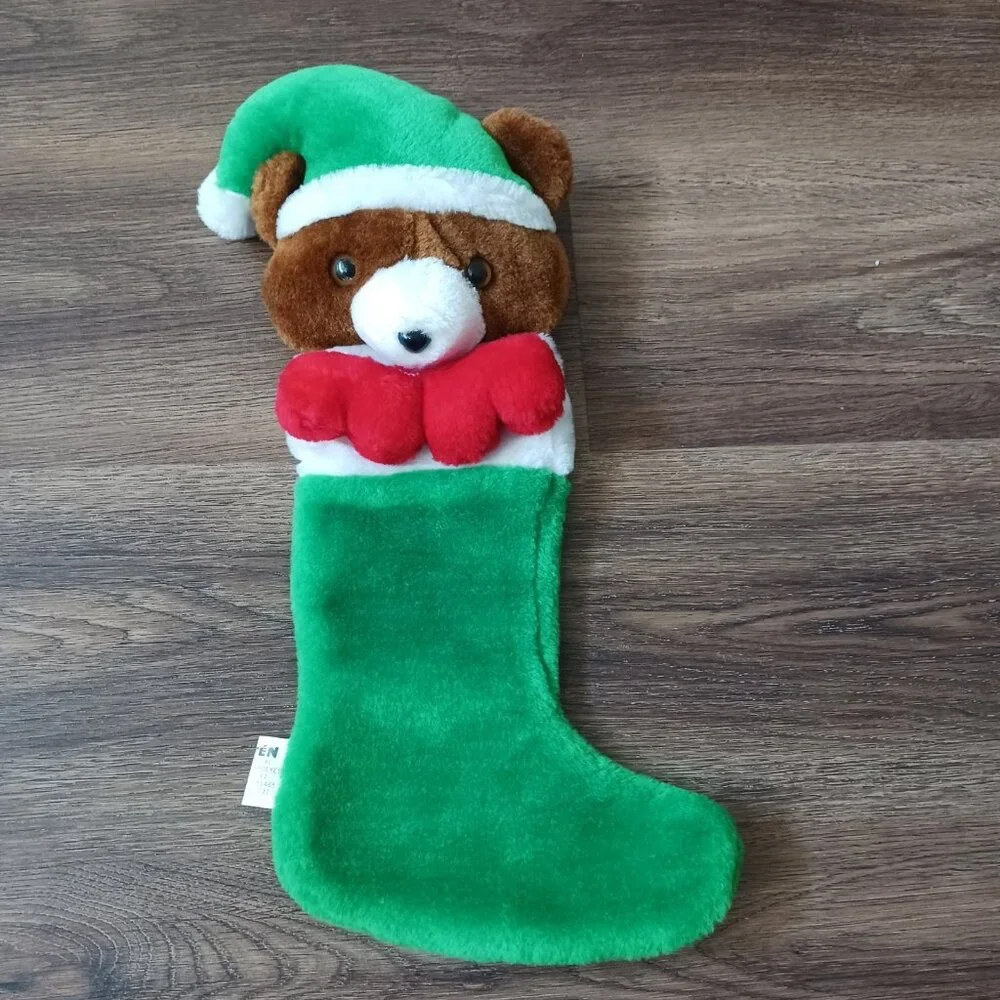 Vintage Teddy‎ Bear Plush 3D Hanging Christmas Stocking Santa Hat Green Justen